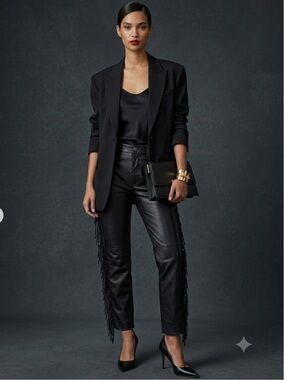 Char | Vintage Arrow | Black Genuine Leather Fringe Pants with Label |